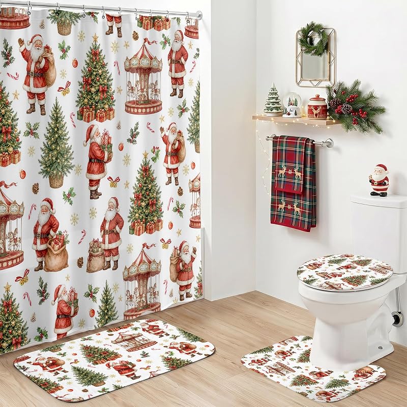 Santa Claus Shower Curtain Set - 4Pcs Holiday Bath Decor, 100% Polyester