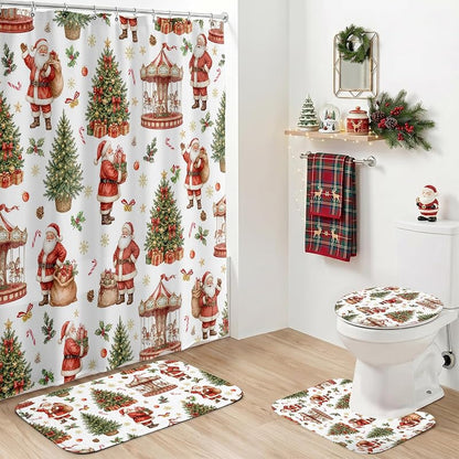 Santa Claus Shower Curtain Set - 4Pcs Holiday Bath Decor, 100% Polyester