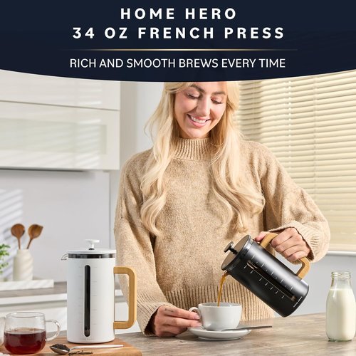 Home Hero French Press Coffee Maker - 34 oz Heat Resistant Borosilicate Glass with Bamboo Handle | 4 Layer Filter, Black