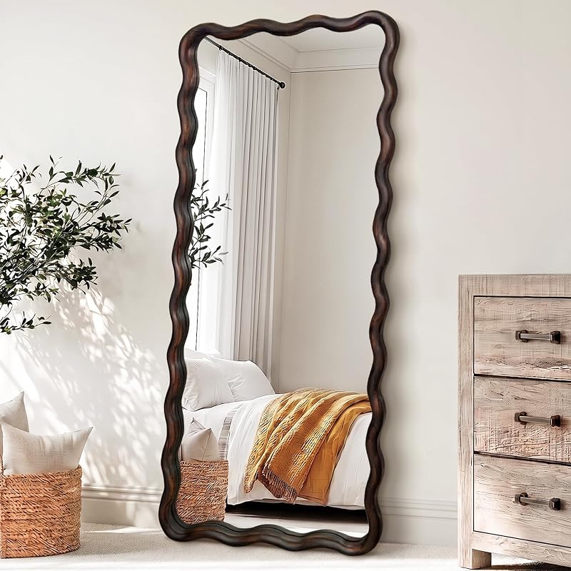 Full Length Mirror 56" x 24" Wood Framed - Dark Brown Wavy Floor Mirror (Variation: 56"L x 24"W)