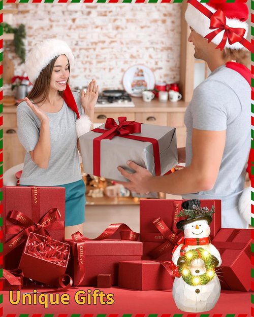 iStatue Light-Up Snowman Figurine - Charming 9.25'' Resin Snowman with Wreath & LED Lights for Winter Decor