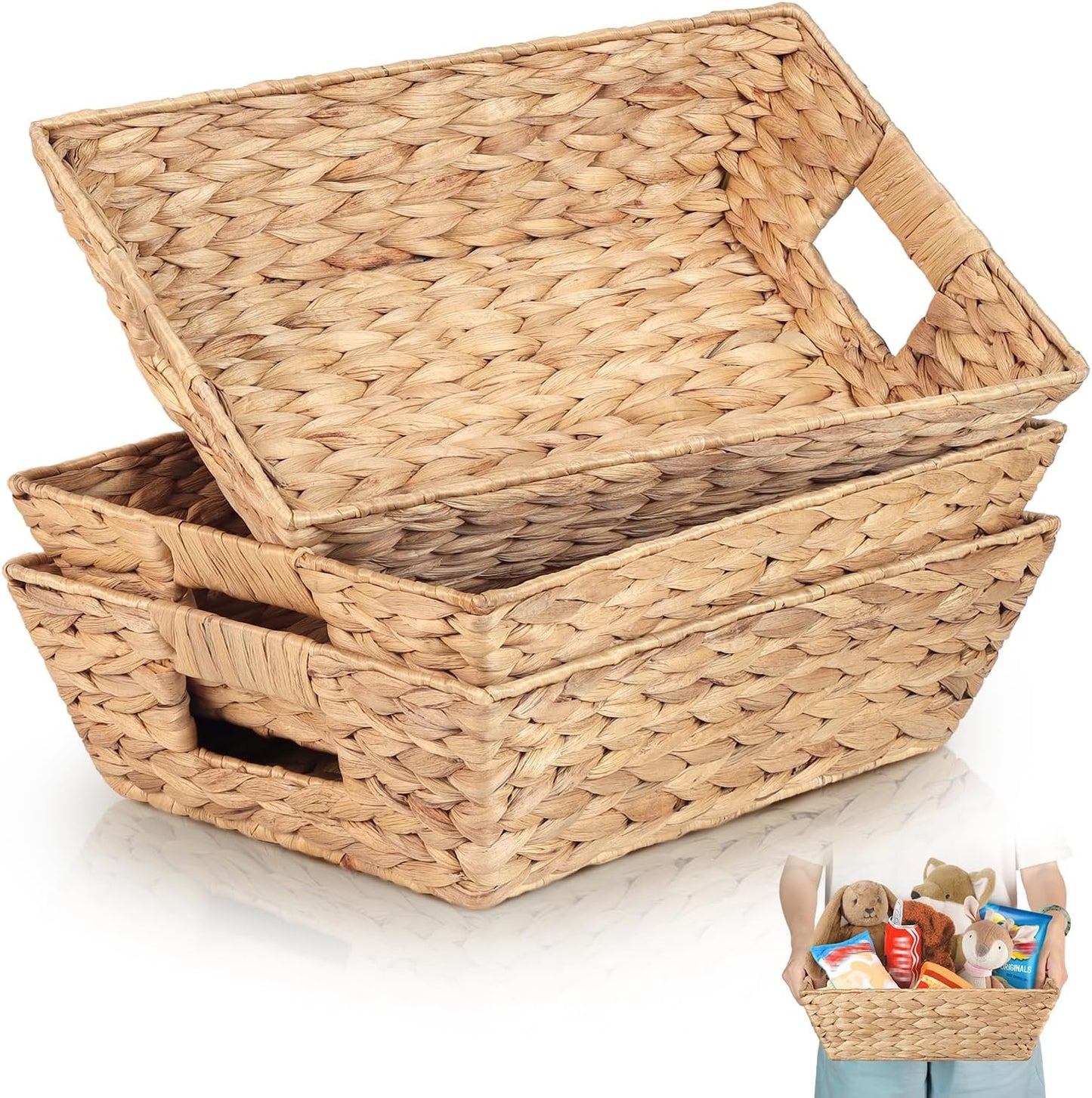 Water Hyacinth Snack Baskets by [Brand Name] - Set of 3 Wicker Organizers with Handles | Perfect for Office Use