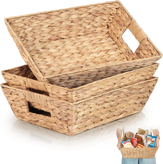 Water Hyacinth Snack Baskets by [Brand Name] - Set of 3 Wicker Organizers with Handles | Perfect for Office Use