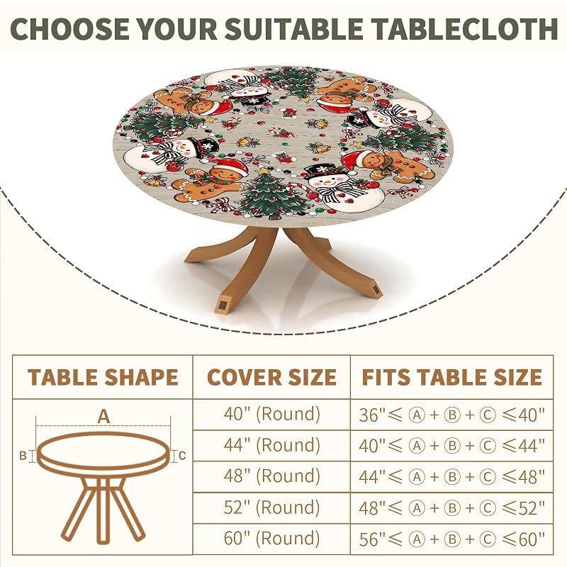 Christmas Snowman Fitted Tablecloth 40-44 Inch, Elastic Edge, Round Xmas Gingerbread Man