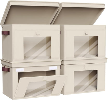 Univivi Storage Bins - Large Foldable Fabric Organizers with Lids & Handles | 4 Pack, Beige (16.5" x 12" x 12")