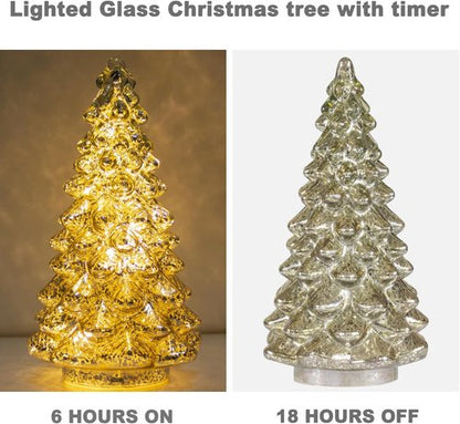 KI Store Lighted Glass Christmas Tree Figurine Set - Timer-Operated Mercury Glass Decor | 3-Piece Centerpiece