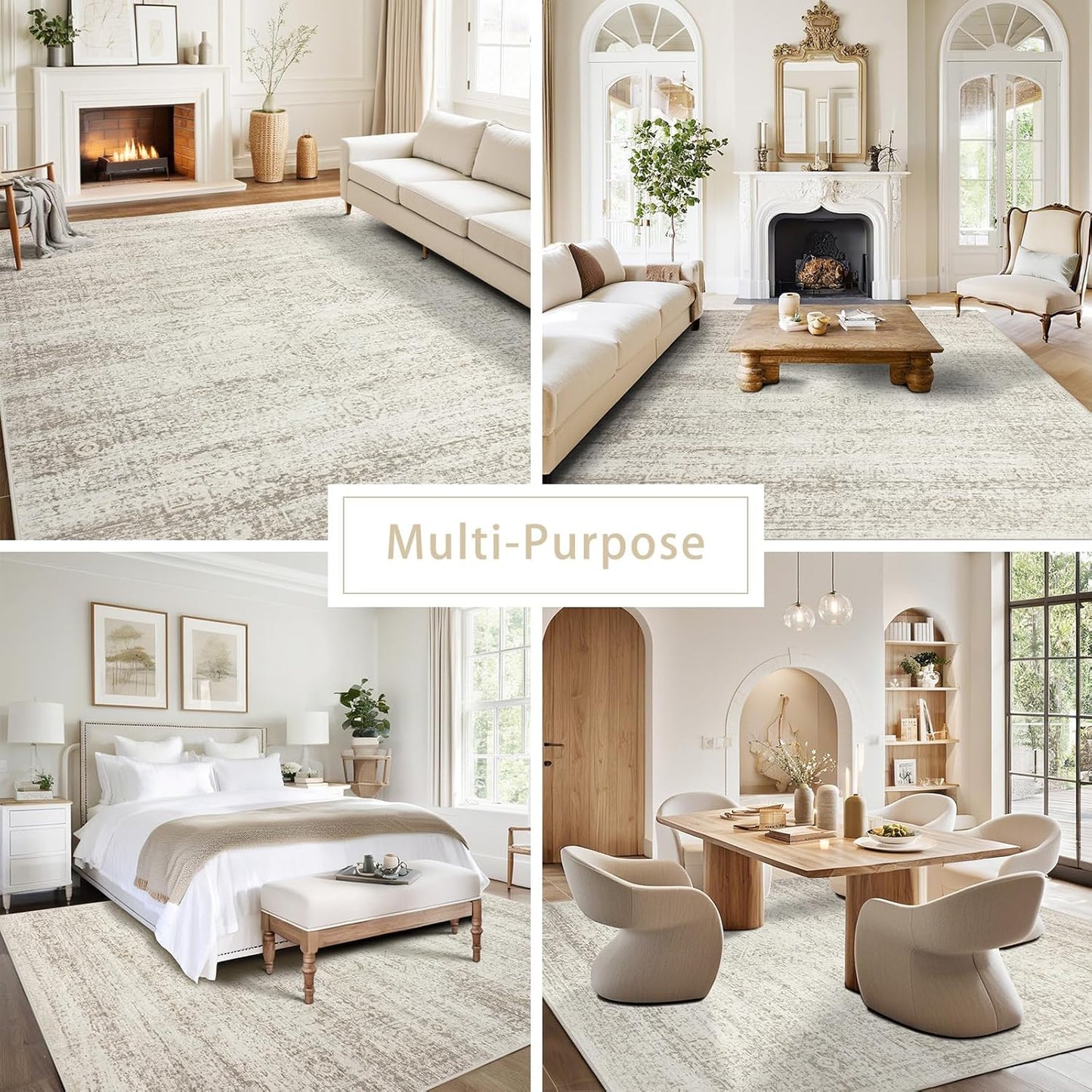 Srugn Washable Area Rugs - Ultra Soft Faux Wool 10x14 Living Room Carpet | Non-Slip Vintage Print Rug