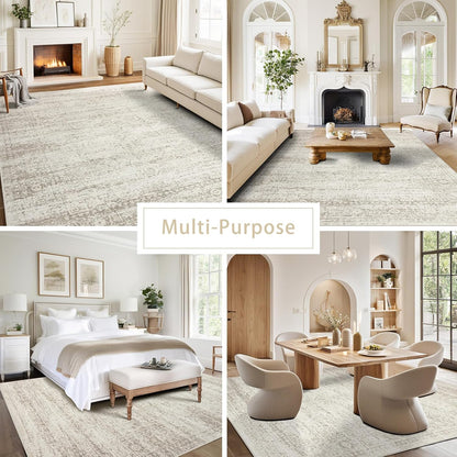 Srugn Washable Area Rugs - Ultra Soft Faux Wool 10x14 Living Room Carpet | Non-Slip Vintage Print Rug