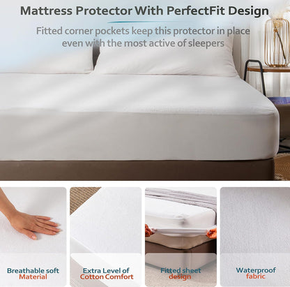 PlushDeluxe Twin Cotton Mattress Protector - Waterproof Fitted Sheet Design for Noiseless Sleep - Soft & Durable
