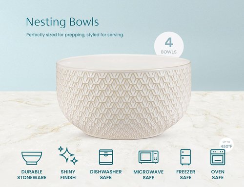 KooK Ceramic Mixing Bowls - Nesting Set of 4 | Embossed Kitchen Dishware, Microwave & Dishwasher Safe, Ivory