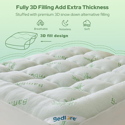 BEDLORE Twin Mattress Topper - Soft Bamboo Viscose Pillow Top for 6"-15" Mattresses | Breathable Comfort & Back Pain Relief