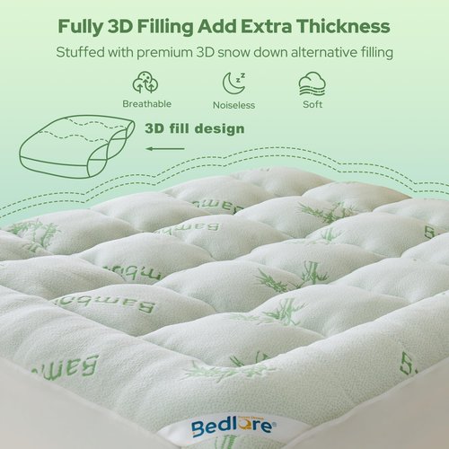 BEDLORE Full Size Mattress Topper Viscose Derived from Bamboo, Thick Pillow Top Mattress Pad with Stretchable Pockets for 6"-15" Mattress, Breathable Mattress Topper for Back Pain Relief