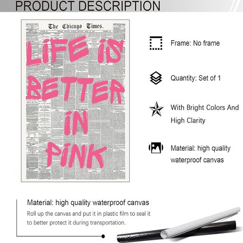 Life Is Better In Pink | Vintage Quote Poster - Motivational Canvas Wall Art for Home & Bedroom 12x16in Unframed