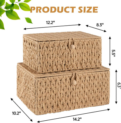 OIAHOMY Wicker Storage Baskets - Lidded Organizing Bins with Lock | Set of 2 in Natural Color