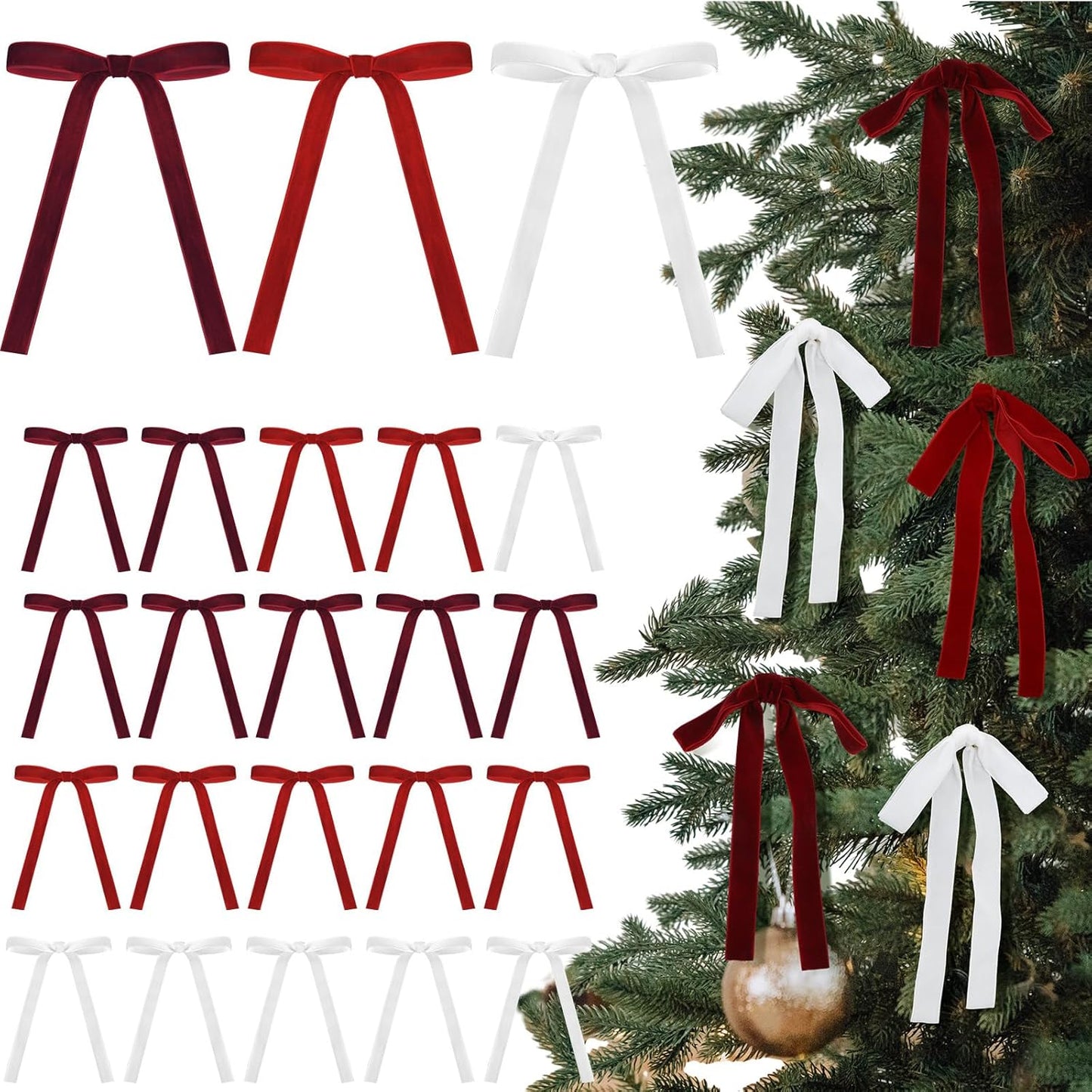 Skiennix Velvet Bows - 24 Pcs Vintage Ribbon Bows for Christmas Tree & Crafts | Red, Burgundy, White (5 x 7 Inch)