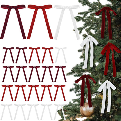 Skiennix Velvet Bows - 24 Pcs Vintage Ribbon Bows for Christmas Tree & Crafts | Red, Burgundy, White (5 x 7 Inch)