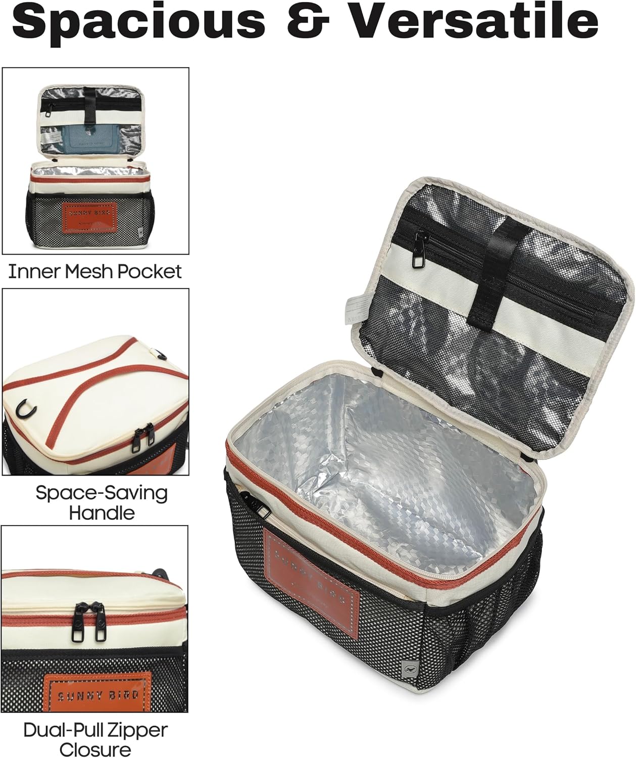 SUNNY BIRD Insulated Lunch Bag - Foldable & Leakproof Design with Shoulder Strap | White 002