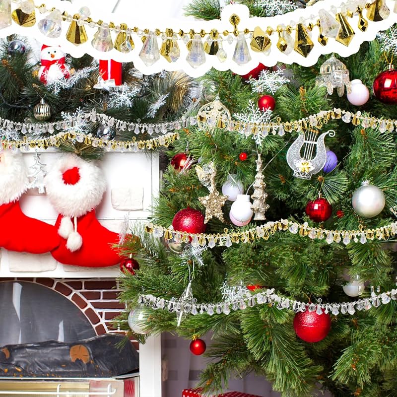 Crystal Bead Garland 16ft - Clear Iridescent & Gold Twist Bead String for Christmas Tree & Weddings