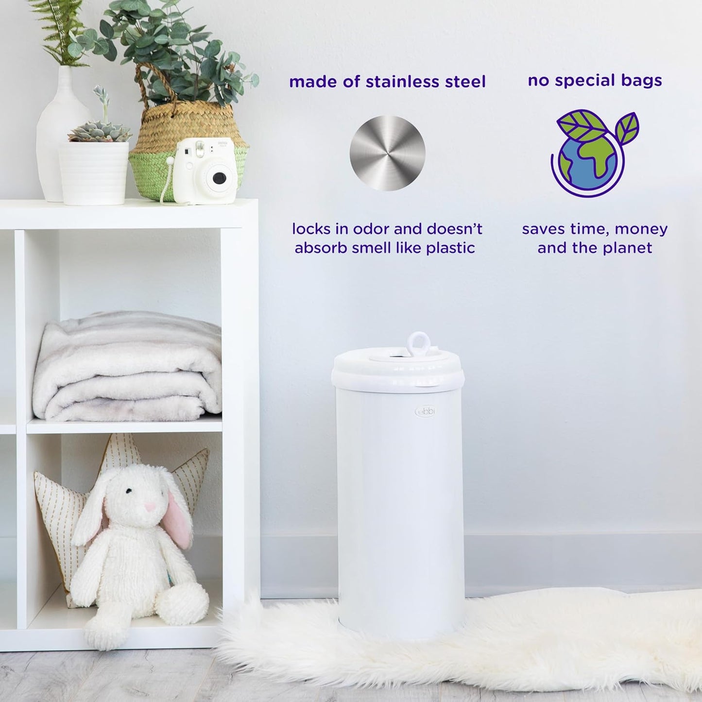 Ubbi Stainless Steel Diaper Pail - Odor Locking Design, No Special Bags Needed | Ivory Color, Award-Winning