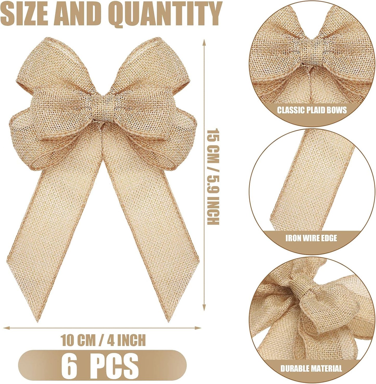 Xinnun Christmas Burlap Bows - Handmade Rustic Ribbon Ornaments for Tree & Wreath Decor | 6 Pcs Beige