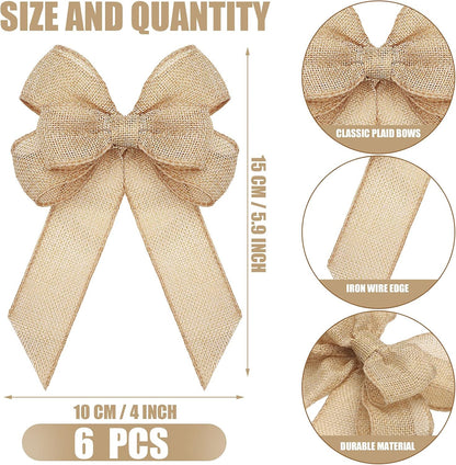 Xinnun Christmas Burlap Bows - Handmade Rustic Ribbon Ornaments for Tree & Wreath Decor | 6 Pcs Beige