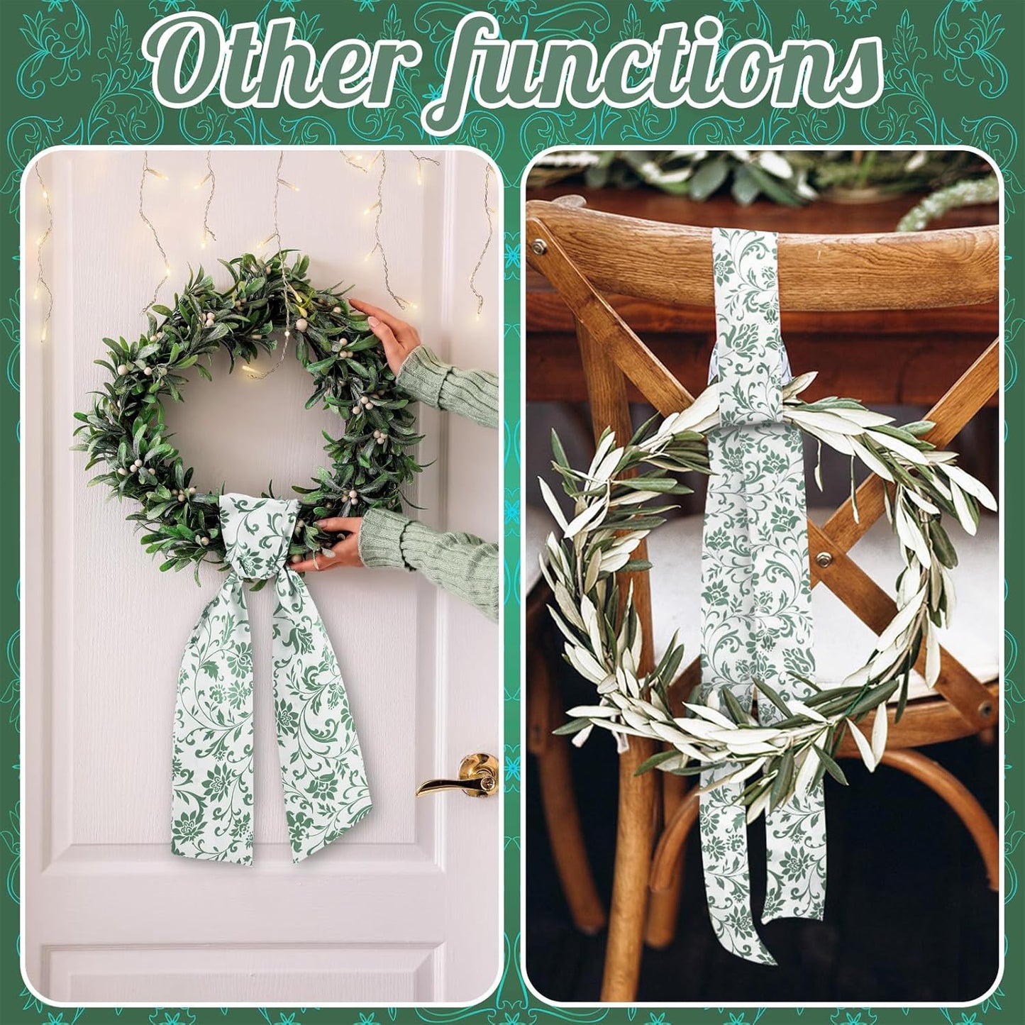 VitalCozy Wreath Sash - 2 Pcs Garland Ribbon Accessories for Indoor/Outdoor Decor | 4.5" W x 56" L (Green)