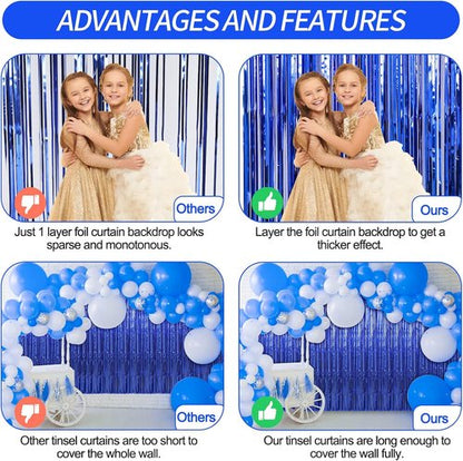 Crosize Dark Blue Foil Fringe Backdrop Curtains - 3 Pack | 3.3 x 9.9 ft Streamer Decorations for Parties