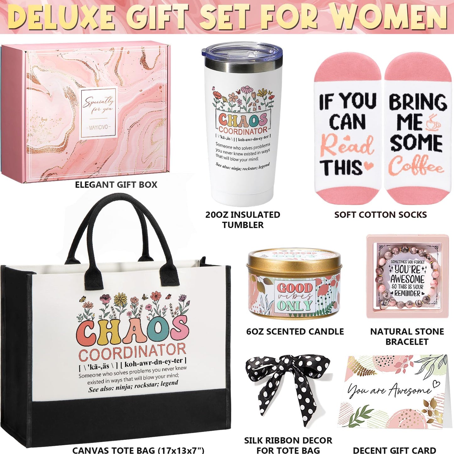 Thank You Gifts for Women, Administrative Professional Day Gifts, Chaos Coordinator Gifts for Coworkers Employee Boss Lady Manager Nurse Teacher Appreciation Gifts, Birthday Gifts with Canvas Tote Bag