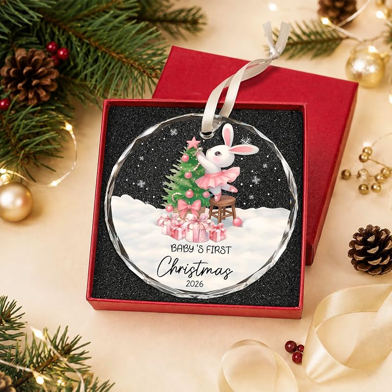 Baby Girl First Christmas Ornament 2026 - Glass Keepsake with Pink Bunny, 3.07 in, Variation: Baby 1st Christmas Pink