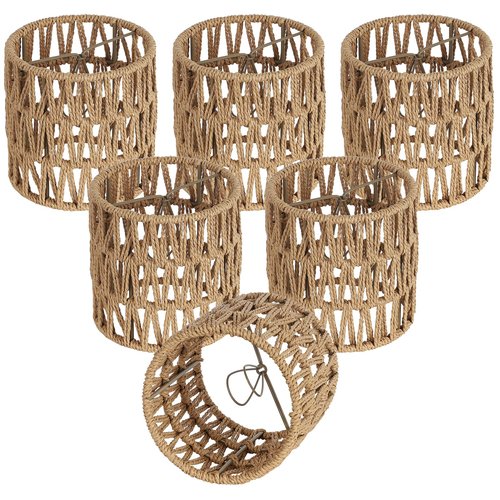 Chandelier Shades Set of 6, Small Rattan Lamp Shades Clip on Bulb, 5.1 x 5.1in Boho Lamp Shades Replacement, Mini Cylinder Woven Lampshade, Clip on Lamp Shade for Floor Lamp Pendant Light Wall Sconces