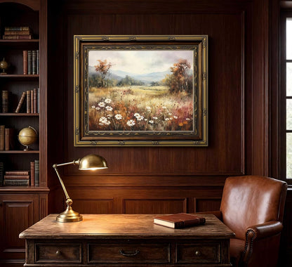 Vintage Gold Framed Wall Art - Retro Floral Landscape Canvas Print for Living Room & Bedroom | 9x11 Inch