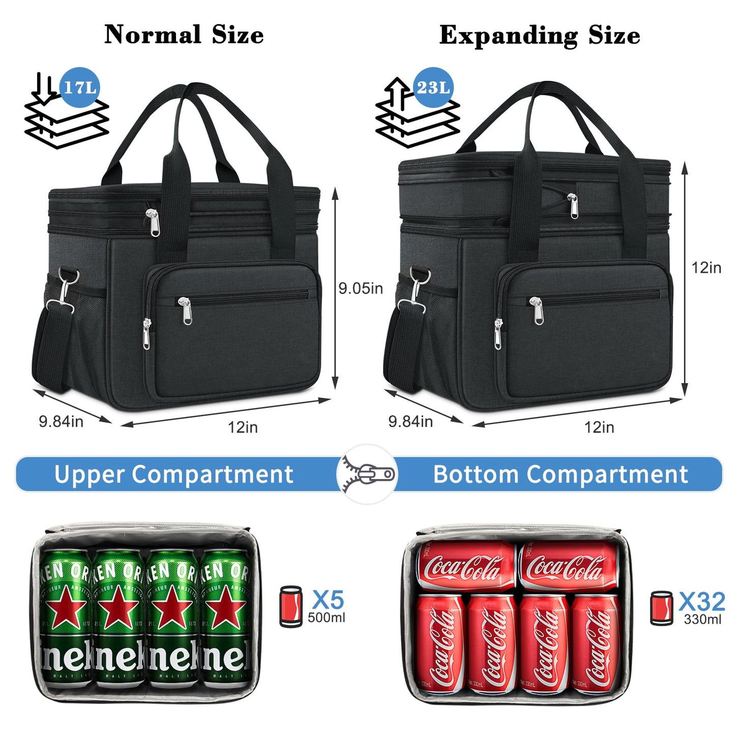 Expandable Insulated Large Cooler Lunch Box for Men 23L Heavy Duty Double Deck Leakproof Lunch Bag with 4 Ice packs&2 Snack Bags for Adult/Construction/Women/Work/Picnic/Camping - Black