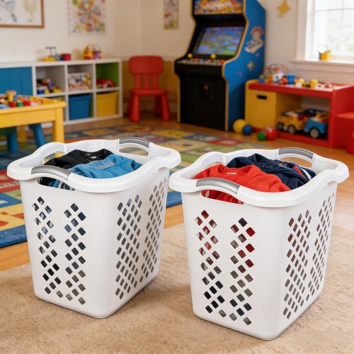 2-bushel capacity laundry baskets with silver handles, white, 2-pack