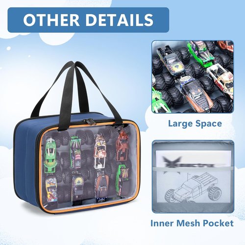 LUXJA Double Layer Storage Bag - PVC Carrying Case for Hot Wheels Monster Trucks | Holds Up to 14 Cars, Blue