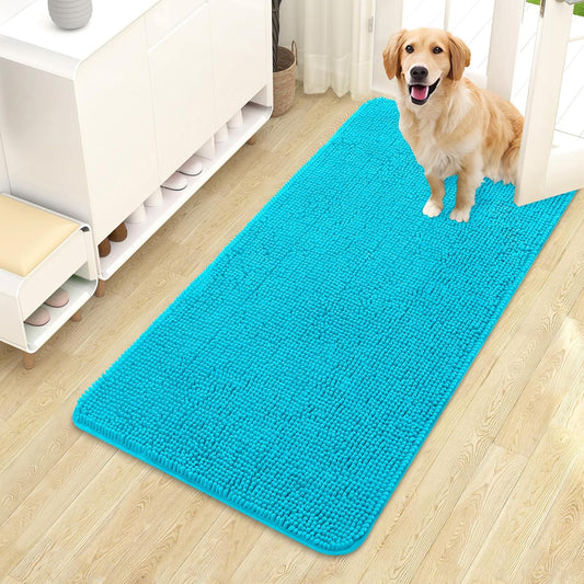 OLANLY Dog Door Mat - Absorbent Non-Slip Washable Doormat for Muddy Paws | 44x24 Aqua Blue