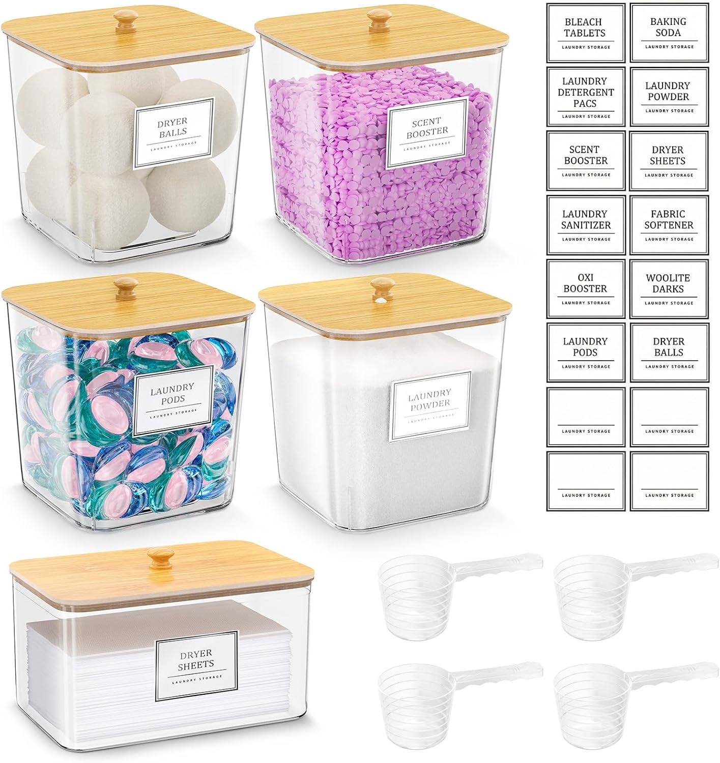 Skiennix Laundry Organization Containers - Clear Storage for Pods & Detergent | Large with Wooden Lids & Labels