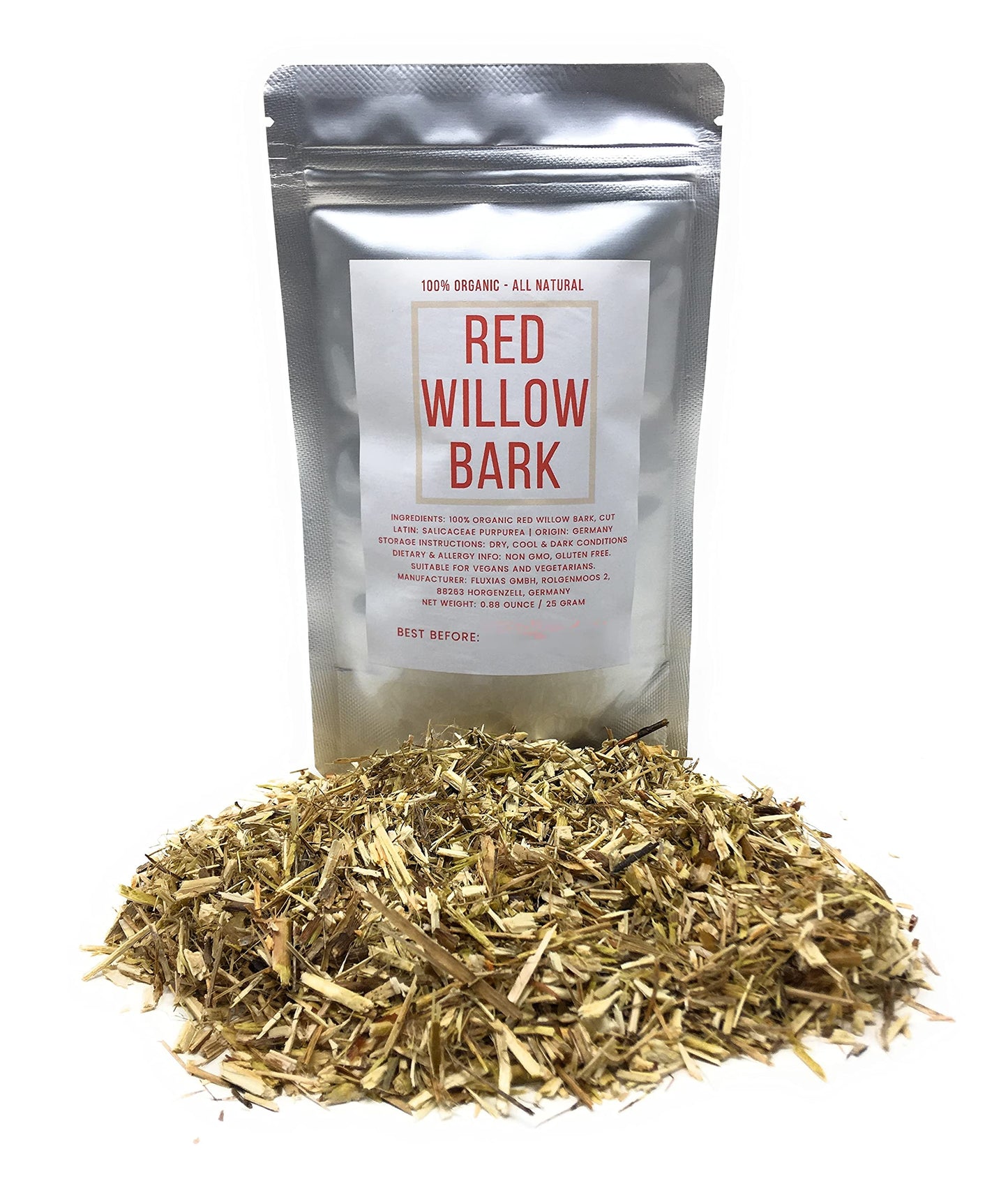 Red Willow Bark - Ingredients: 100% Natural Purple Willow Bark (Cut Dried Salicaceae Purpurea) - Origin: Germany - Net Weight: 0.88 oz/25 grams