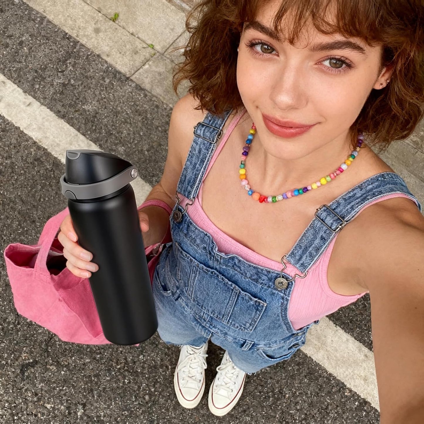 Skiennix 32 oz Insulated Water Bottle - 2-in-1 Quick Flip Straw & Push Button Lid | Leakproof, Black