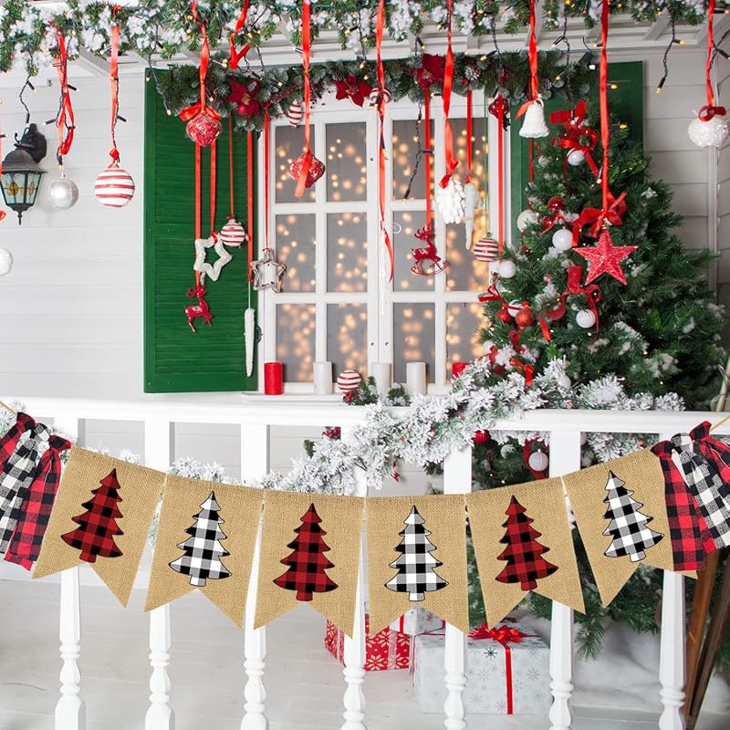 Buffalo Plaid Christmas Burlap Banner Garland with Tassels - 13x18cm Holiday Wall Decor