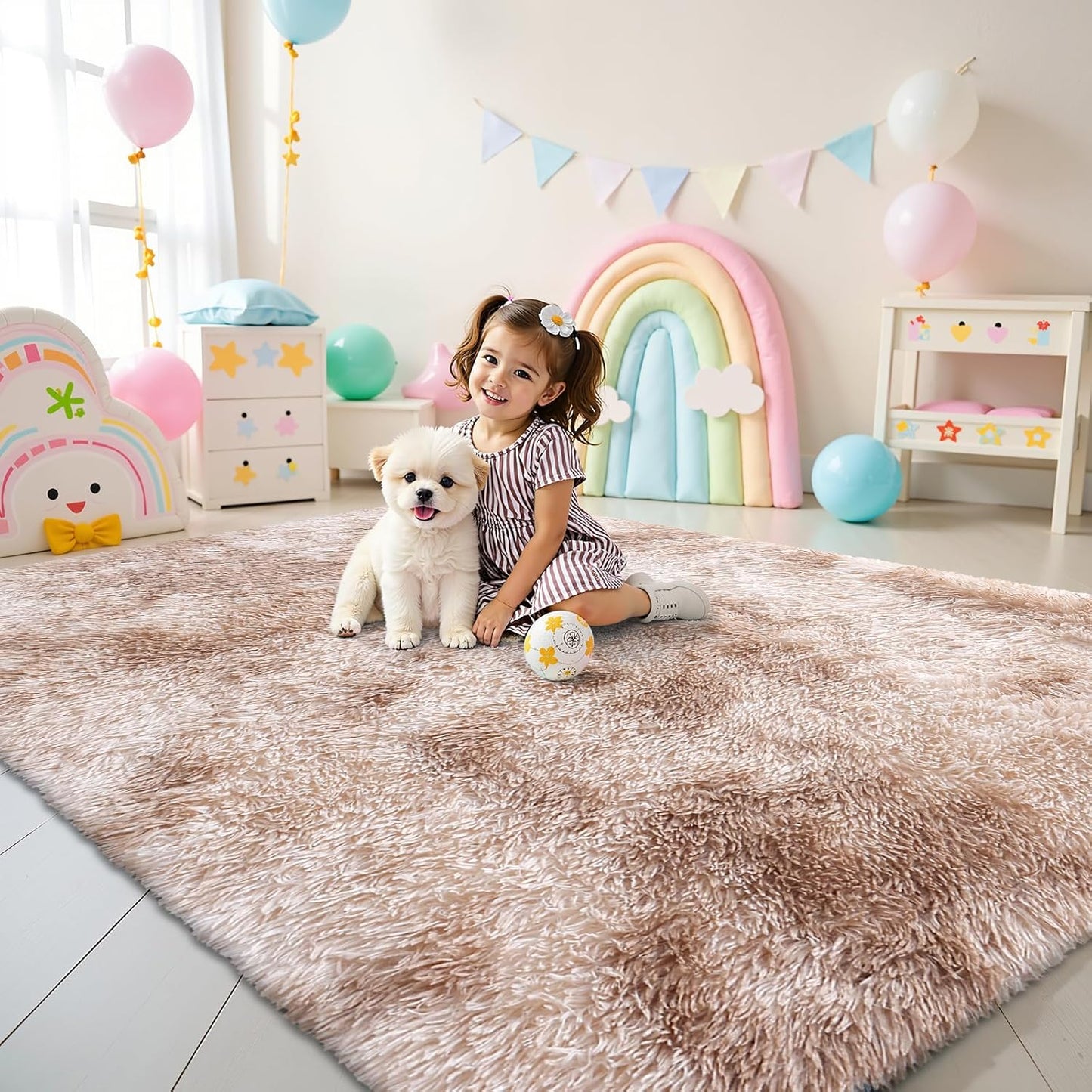 OLANLY Area Rugs - Soft Fluffy Shaggy Indoor Carpet for Living Room & Bedroom | 4x5.9 Feet, Beige Tie-Dye
