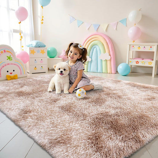 OLANLY Area Rug - Soft Fluffy Shaggy Design for Living Room & Bedroom | Machine Washable 4x5.9 Feet, Beige Tie-Dye