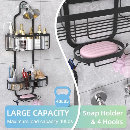 Kadolina Shower Caddy - Over-The-Showerhead Bathroom Organizer with Soap Dish & Hooks | Black