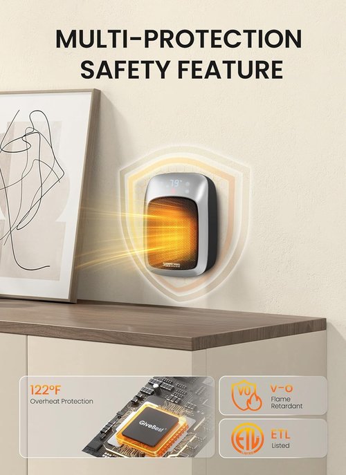 GiveBest Plug-In Wall Space Heater - 800W Outlet Heater with Remote, Adjustable Thermostat & 12H Timer