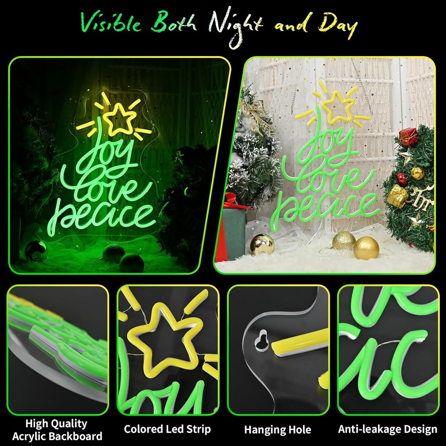 Neon Sign by Christmas Tree - USB Powered LED Light for Wall Decor | Peace, Love, Joy Design