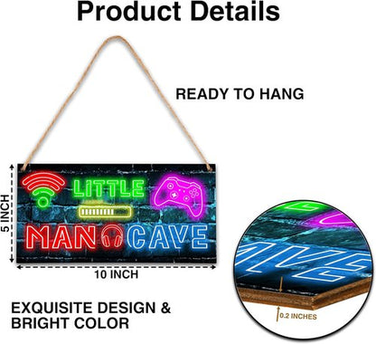 Little Man Cave Neon Gaming Wooden Door Sign - Perfect Gamer Room Decor for Boys' Bedrooms (5"x10")
