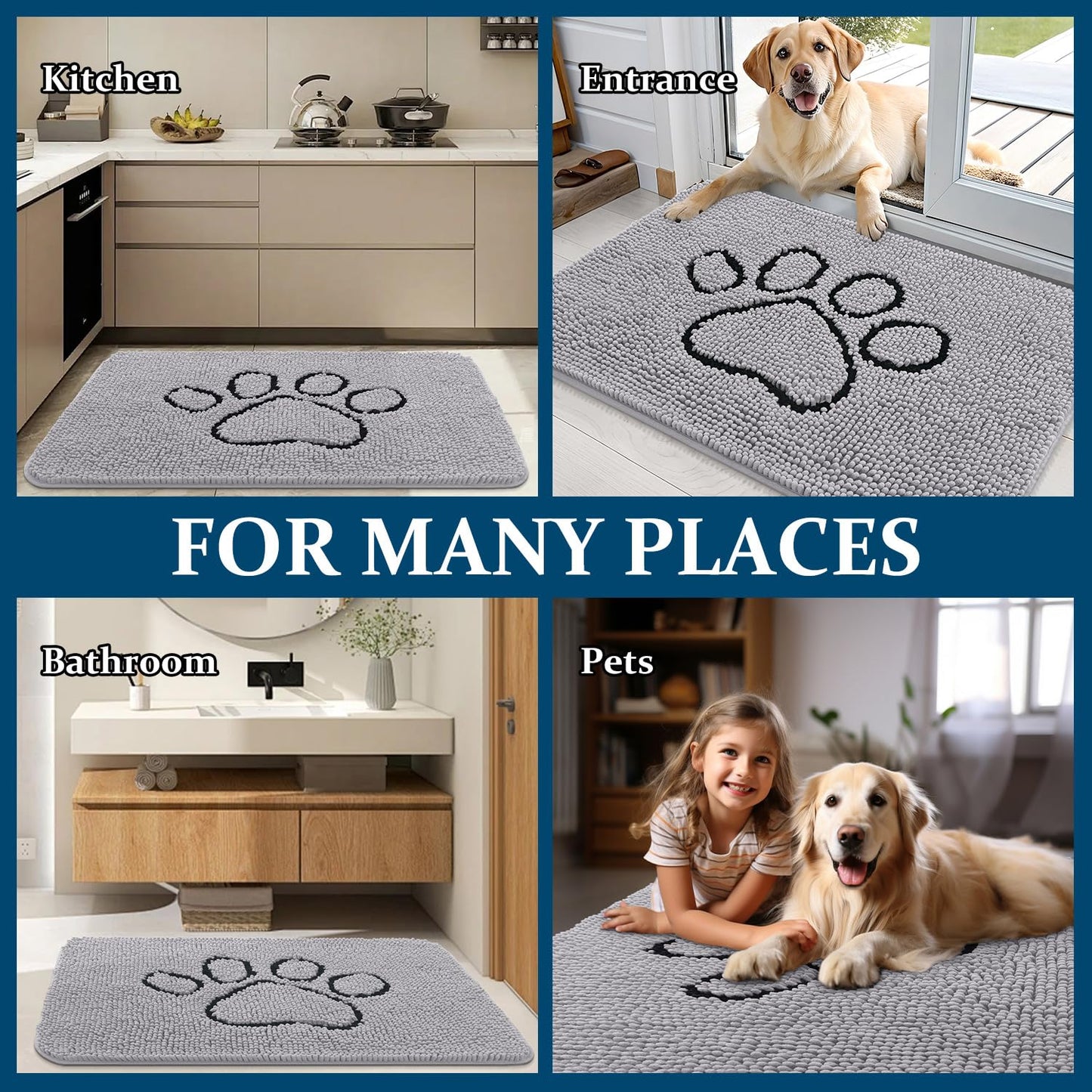 OLANLY Dog Door Mat for Muddy Paws 48x30, Paw Print Design, Absorbs Moisture and Dirt, Non-Slip Washable Doormat, Quick Dry Chenille Mud Mat for Dogs, Entry Indoor Entryway Carpet, Light Grey