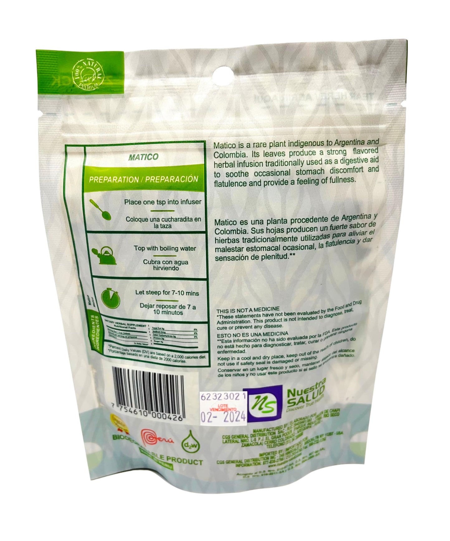 Nuestra Salud Matico Tea - Herbal Tea Leaf from Peru (30g) in a Zip-Lock Bag - 100% Natural and Caffeine Free Leaves