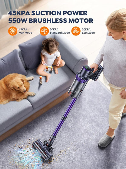 Skiennix Cordless Vacuum Cleaner - 110 Mins Runtime with 2 Batteries | 45KPA Suction for Pet Hair & Carpets