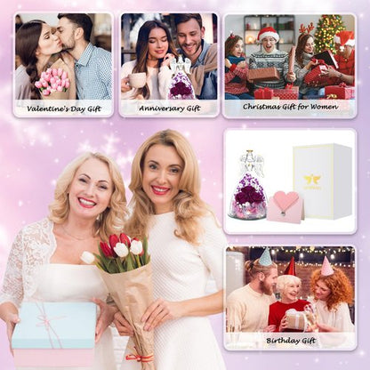 ANWEAO Mothers Day Flower Gifts for Mom,Angel Rose Gifts for Women,Glass Angel Figurine with Preserved Three Purple Roses,Forever Flowers Mothers Day Birthday Gifts for Women Mom Grandma Wife Her