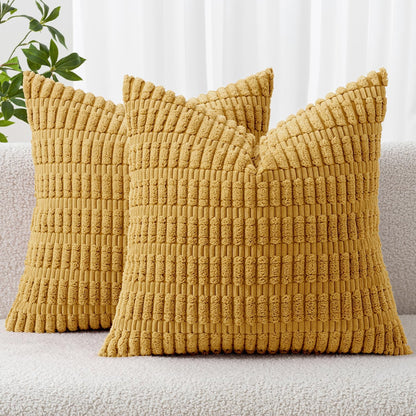 MIULEE Corduroy Throw Pillow Covers - Soft Boho Striped Design | 18x18 Inch Yellow Decor for Sofa & Bed